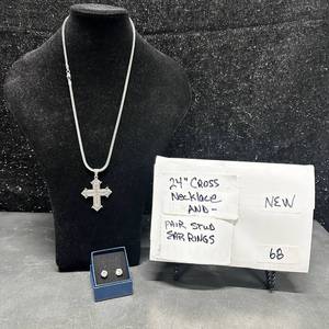 lot 68 image: 24 inch Cross Necklace and Pair Stud Earrings Set