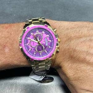 lot 69 image: 46mm Dial Chronograph Watch Stainless Steel Water-Resistant Bold Gold & Purple finish - New in Box