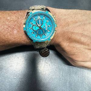 lot 70 image: 46mm Dial Chronograph Watch Stainless Steel Water-Resistant Bold Gold & Turquoise finish - New in Box