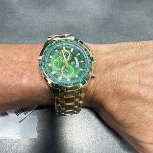 lot 71 image: 46mm Dial Chronograph Watch Stainless Steel Water-Resistant Bold Gold & Emerald Green finish - New in Box