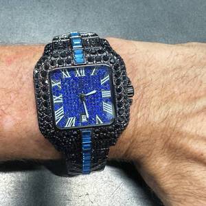 lot 73 image: 35mm Square Case Iced-Out Black & Blue Crystal finished Watch- Brand New in Box