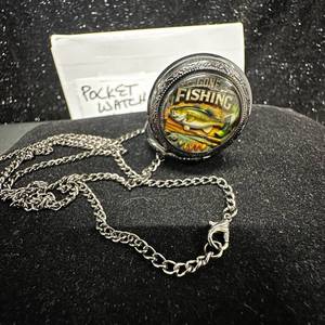 lot 80 image: Pocket Watch with 32 inch Chain Fishing Theme Quartz