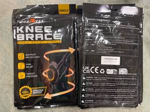 lot 34185 image: Lot of 8 Knee Compression Sleeve - 7 UPGRADED FEATURES - Knee Brace for Men & Women, Knee Support for Running, Gym, Hiking, Sports, Black, Large