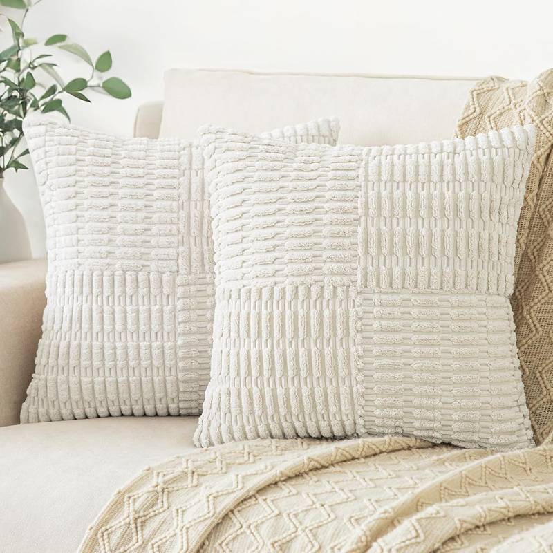 lot 48606 image: Softalker Spring 18x18 Throw Pillow Covers Cream, Set of 2 Soft Corduroy Boho Textured Modern Pillow Cases, White Decorative Cushion Covers for Couch Patio Living Room Sofa Easter Gift, Beige