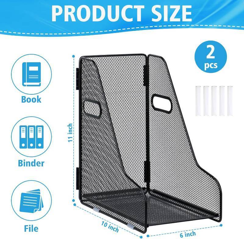 lot 48005 image: Large Binder Folder Holder for Desk Metal Mesh Magazine File Holder Black Vertical File Storage Desktop Binder Organizer Desk Folder Organizer for 3Inch 4Inch 5Inch Binder 10 L x 6 W x 11 H