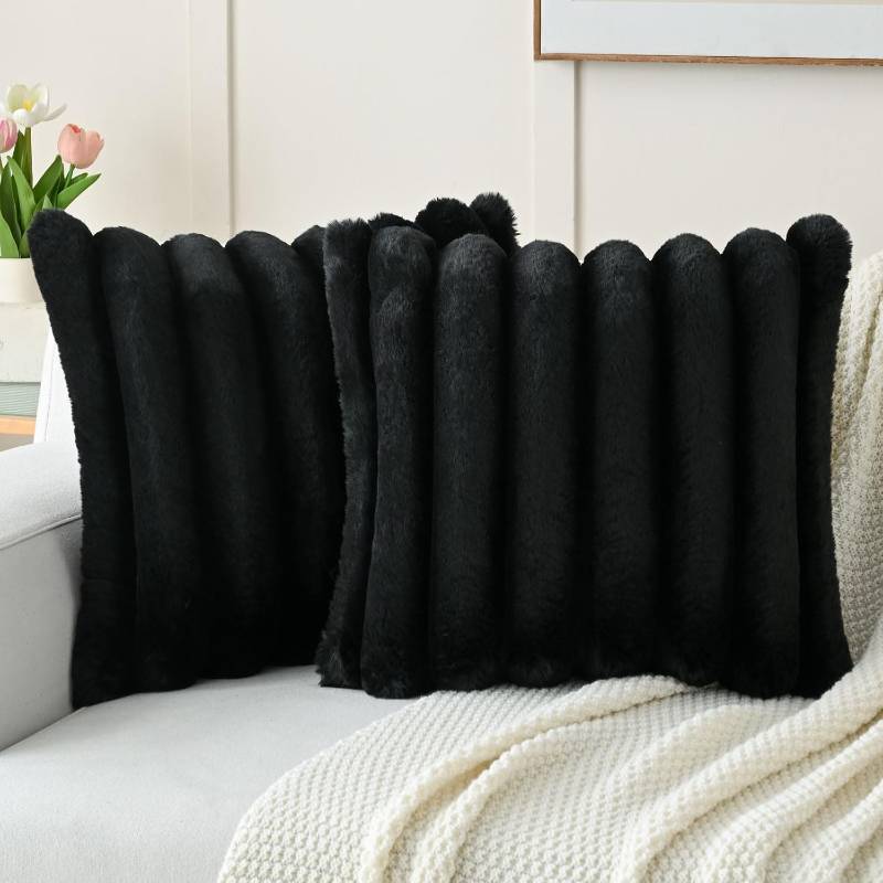 lot 48667 image: HAUSSY Pack of 2 Faux Fur Striped Throw Pillow Covers 16x16 Inch, Black