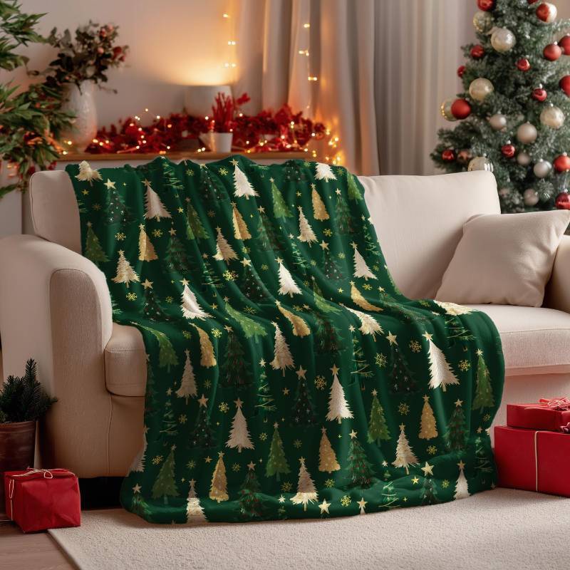 lot 79017 image: Horaldaily Christmas Green Tree Sherpa Throw Blanket 50x60