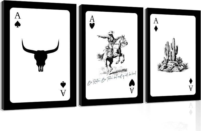 lot 79033 image: 3Pcs Western Cowboy Wall Art Retro Western Playing Card Wall Decor Framed