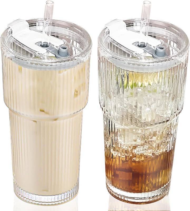lot 18918 image: 20 oz Glass Tumbler with Lid and Straw, 2 Pack Clear Ribbed Iced Coffee Cup, High Borosilicate Glass Tumbler, Reusable Vintage Glassware for Iced Coffee, Smoothies, Cocktails, and Juices