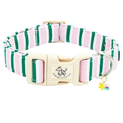 lot 40448 image: Elegant little tail Dog Collar, Cute Pink with Green Strip Pattern Pet Collars Soft Girl or Boy Adjustable Cotton Puppy Collar with Quick Release Buckle for Small Puppy