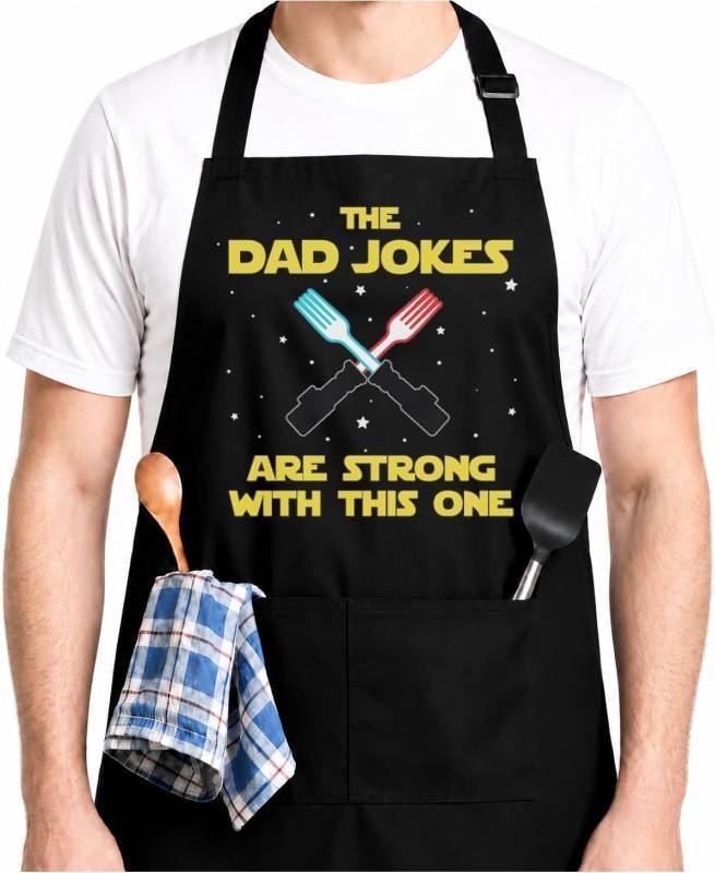 lot 48633 image: Dad Jokes Funny Aprons for Men, Sci Fi Movie BBQ Apron - Birthday, Fathers Day Grilling Gifts for Men, Dad, Husband