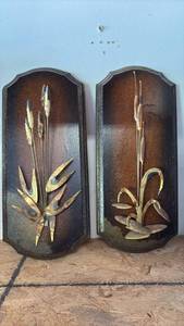 lot 54 image: Pair of Vintage Wall Plaques with Metal Botanical Designs Approximately 7 by 17 inches