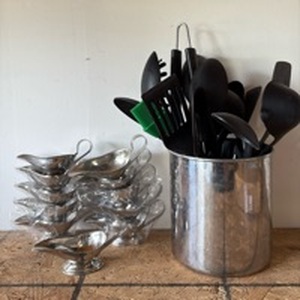 lot 92 image: Dozen Individual Stainless Steel Gravy Servers and Stainless Steel Utensil Holder with Utensils