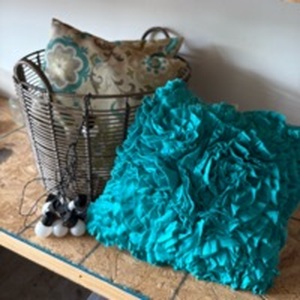 lot 100 image: Patio Basket, Throw Pillows and Battery Operated Lights