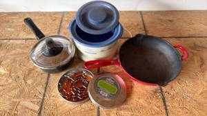 lot 116 image: 9 Inch Cast Iron Enameled Frying Pan, Sauce Pan with Lid and Crockpot Mini. Maple Leaf Cookie Cutters