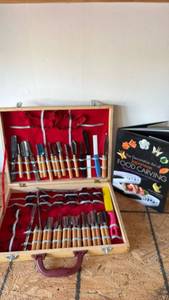 lot 157 image: Food Carving Tool Set with Wood Case, Metal Cutters and Hardcover Book