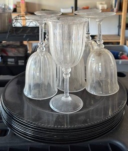 lot 188 image: 6) Stylish Plastic Goblets and 10) Black Plate Chargers with Beaded Edge