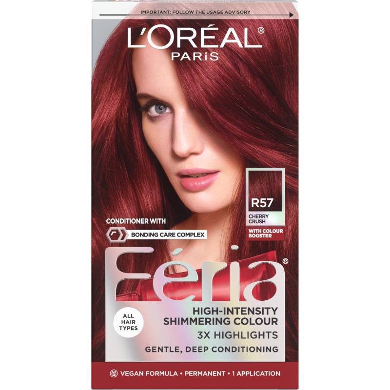 lot 29207 image: LOreal Paris Feria Multi-Faceted Shimmering Permanent Hair Color, R57 Cherry Crush (Intense Medium Auburn), Pack of 1 Hair Dye Kit - Retail $13
