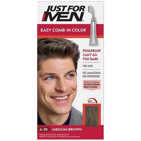 lot 29267 image: Just For Men Easy Comb-In Color Mens Hair Dye  Easy No Mix Application with Comb Applicator - Medium Brown, MISSING COMB. - Retail $11