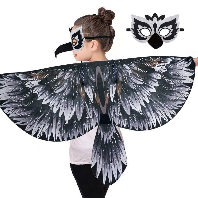 lot 38953 image: Bird-Wings-Costume for Kids and Headband - Eagle-Parrot-Owl Dress-up-Wings for Girls Boys Halloween-Party Favors (Black) - Retail $12