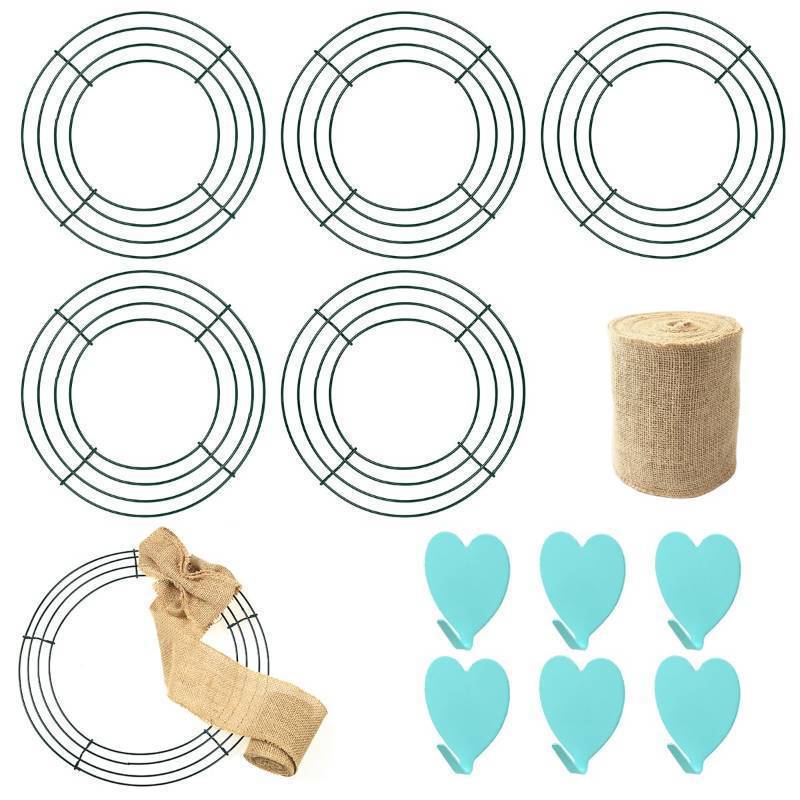 lot 38959 image: 6 Pack 14 Inch Metal Wreath Frame Wreath Ring for Crafts with 6 Adhesive Hooks and 3.3 Yard Burlap, Front Door Christmas New Year Valentines Wedding Decoration - Retail $19
