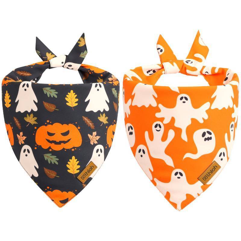lot 73755 image: Halloween Dog Bandanas - 2 Pack Fall Dog Bibs  Reversible Pumpkin and Ghost Pet Scarf for Boys and Girls  Premium Durable Fabric  Orange Dog Bandana for Dogs (Small) - Retail $13