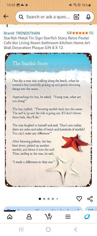 lot 73783 image: Starfish Metal Tin Sign Starfish Story Retro Poster Cafe Bar Living Room Bathroom Kitchen Home Art Wall Decoration Plaque Gift 8 X 12 - Retail $13