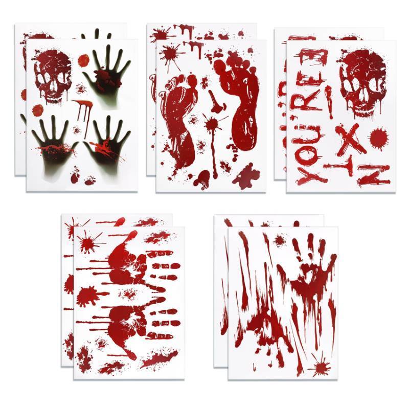lot 64284 image: Halloween Decorations-Halloweens Window Clings-Scary Bloody Handprint Skullprint Footprint Window Stickers Decals for Window Floor Glass Bathroom Indoor Outdoor Party Decor - Retail $10
