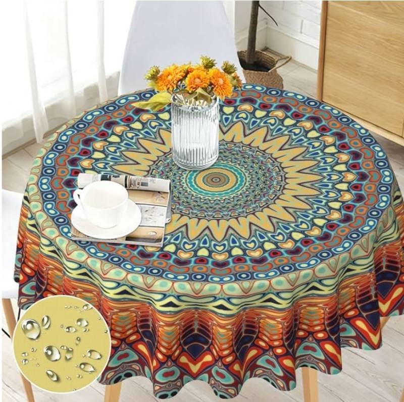 lot 73589 image: Boho Round Tablecloth 60 inch Orange, Waterproof, Stain ResistanceWashable Bohemian Circle Table Cloth Cover for Dining Kitchen Party Farmhouse Indoor Outdoor, Polyester, 4-6 Seats - Retail $17