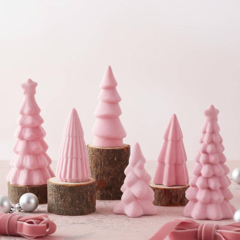 lot 38993 image: 6 Pcs Christmas Ceramic Velvet Trees, 3 Sizes Table Decor. ONE MISSING. - Retail $25
