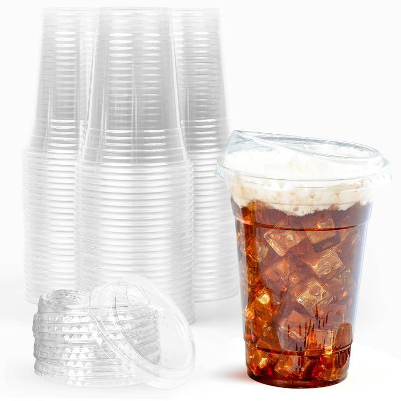 lot 47148 image: 100 Clear Disposable Iced Coffee Cups with Lids, 16oz - Plastic Cups with Strawless Sip Lids - Durable Cold Brew, Smoothie, or Beverage Cup for On-the-Go, Christmas and Holiday Party Supplies - Retail $26