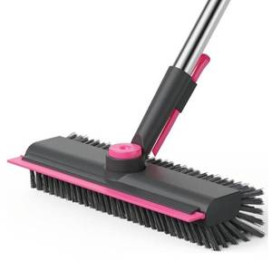lot 47228 image: Floor Scrub Brush with Long Handle, 3-in-1 Rotating Head & Squeegee, Stiff Dual-Sided Bristles  - Retail $26