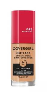 lot 47248 image: COVERGIRL Outlast Extreme Wear 3-in-1 Foundation with SPF 18 - 845 Warm Beige - 1 fl oz - Retail $10