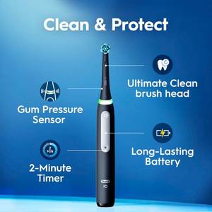 lot 47256 image: Oral-B iO Series 3 Limited Deep Clean Rechargeable Electric Toothbrush for Adults, Black, 3 Modes, Smart Pressure Sensor, Plaque Removal and Gum Care, 2 Replacement Brush Heads. - Retail $110