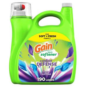 lot 47273 image: Gain Super Fresh Blast Liquid Odor Defense Fabric Softener, 140 FL OZ 190 Load, Softening Laundry Conditioner for 2 in 1 Freshness plus Odor Protection - Retail $15