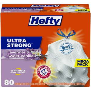 lot 47285 image: Hefty Ultra Strong Tall Kitchen Trash Bags  Lavender & Sweet Vanilla Scent  13 Gallon  80 Count - Retail $15