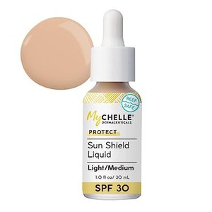 lot 59322 image: MyChelle Dermaceuticals Sun Shield Liquid SPF 30 LightMedium (1 Fl Oz) - Tinted Sunscreen for All Skin With Oil-Absorbing Bentonite Clay - Use as Sheer Foundation or Makeup Primer for Matte Finish - Retail $24