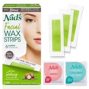 lot 59339 image: Nads Facial Wax Strips - Hypoallergenic All Skin Types - Facial Hair Removal For Women - At Home Waxing Kit with 20 Face Wax Strips  4 Calming Oil Wipes  Skin Protection Powder (missing pieces) - Retail $4