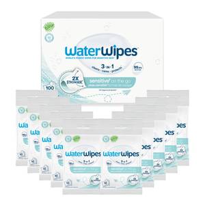 lot 59385 image: WaterWipes Sensitive On The Go Wipes, 3-In-1 Cleans, Cares, Protects, 99.9% Water, Unscented & Hypoallergenic Wet Wipes, 100 Count (10 Packs) - Retail $9