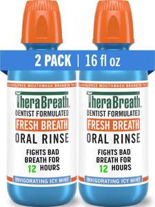 lot 59400 image: TheraBreath Fresh Breath Mouthwash, Icy Mint Flavor, Alcohol-Free, 16 Fl Oz (Pack of 2) - Retail $15