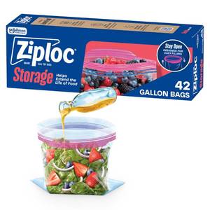 lot 59441 image: Ziploc Gallon Food Storage Bags, Stand-Up Bottom, Easy to Fill, 42 Count - Retail $6