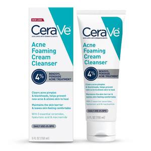lot 59543 image: CeraVe Foaming Acne Cream Cleanser, Face Wash with 4% Benzoyl Peroxide, 5oz - Retail $14