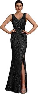 lot 7722 image: Long Sequin Formal Dress V-Neck, Slit Design, Fitted Mermaid Glamorous M