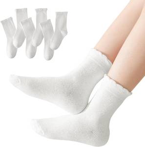 lot 7726 image: ANYANIME 6 Pair Girls White Dressy Textured Short Socks Scallop Top Design