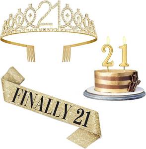 lot 7732 image: 21st Birthday Decorations for Her Gold Tiara Sash Candle