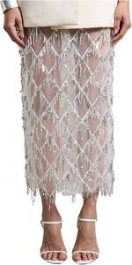 lot 7744 image: MakeMeChic Womens Sequin Fringe Midi Pencil Skirts Mesh Sheer Sparkly Medium