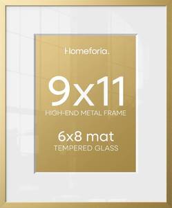 lot 7767 image: Homeforia 9x11 Gold Picture Frame, High-End Metal, 6x8 Mat, Glass
