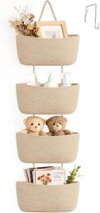 lot 7788 image: Dahey Over The Door Hanging Basket Storage 4-Tier Woven Wall Basket, Jute