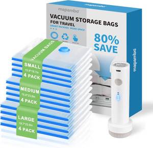 lot 7804 image: Mapambo Travel Vacuum Bags -4000Pa Electric Pump, 12-Pack, 3-Size Sets