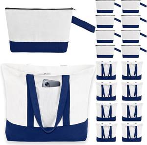 lot 7835 image: 16-Pack Canvas Tote Bags and Makeup Bags, Cotton Zipper Bag, Navy Blue